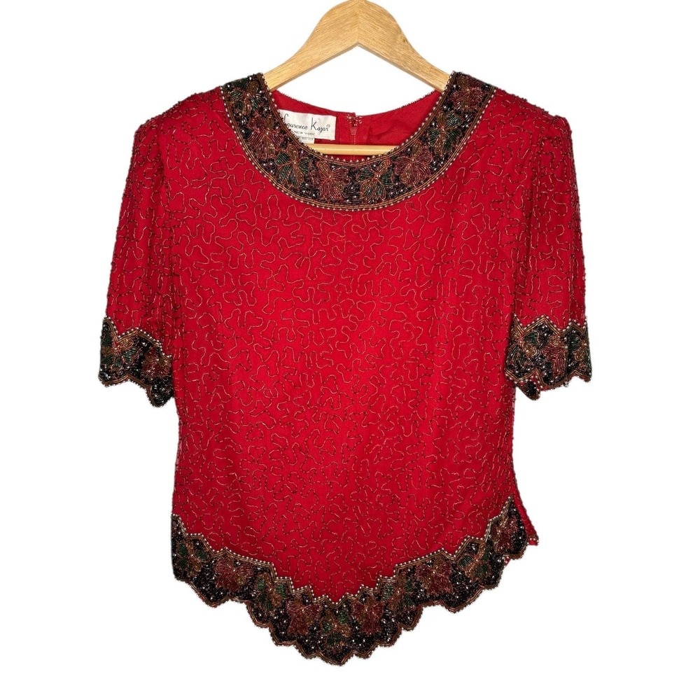 Laurence Kazar Beaded Blouse Womens Petite‎ Large Red Silk Evening Top Vintage